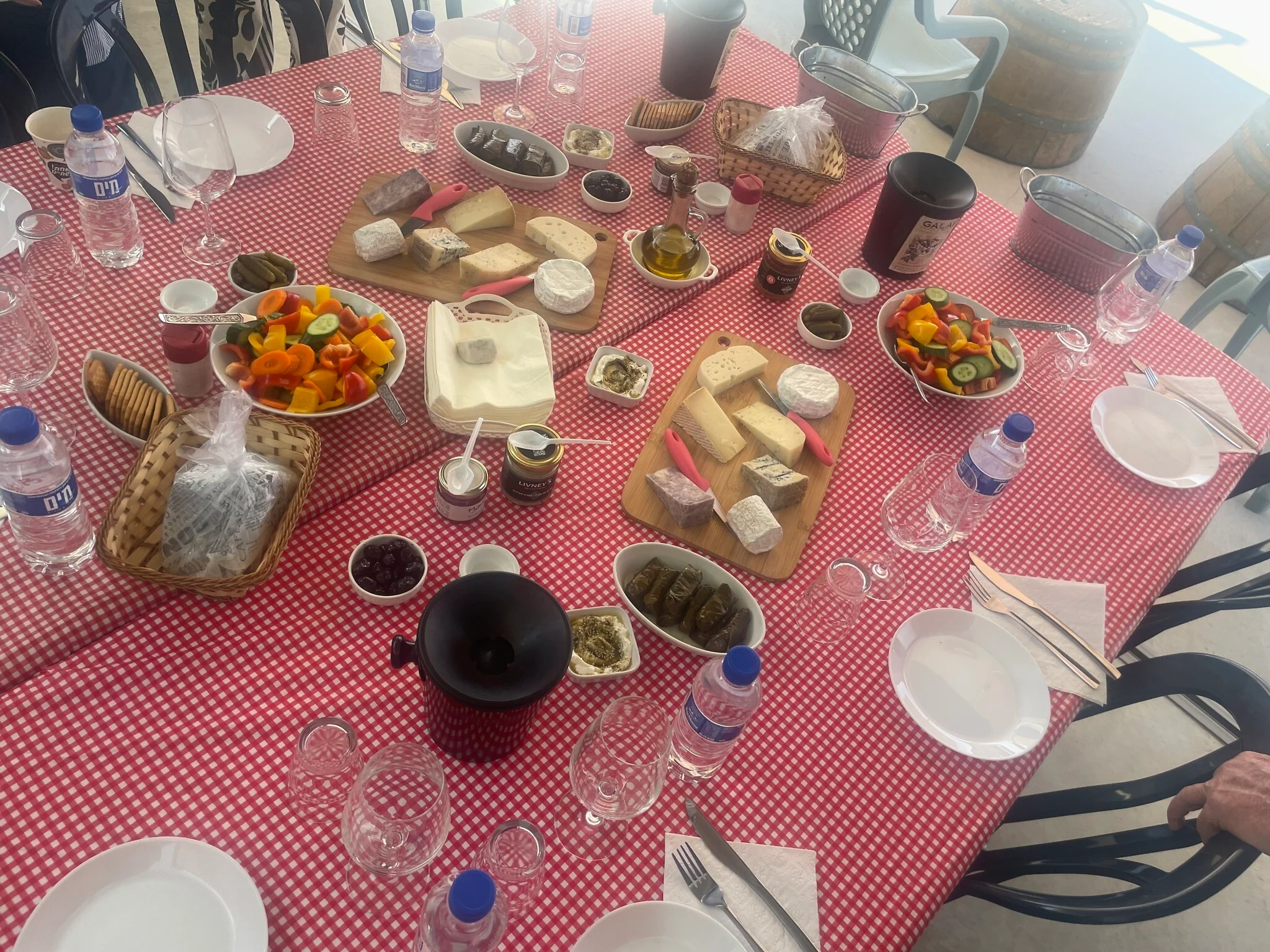A wine and cheese spread at Galai Winery in Moshav Nir David, near the Gaza border, in June 2025